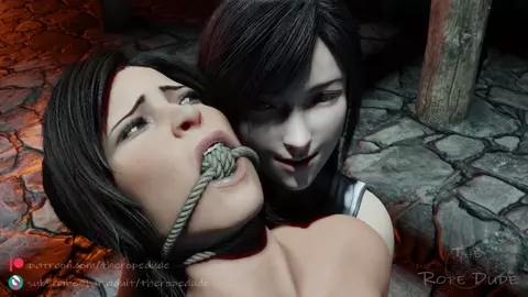 Lara is fucked hard by Tifa while beeing tied up and gagged