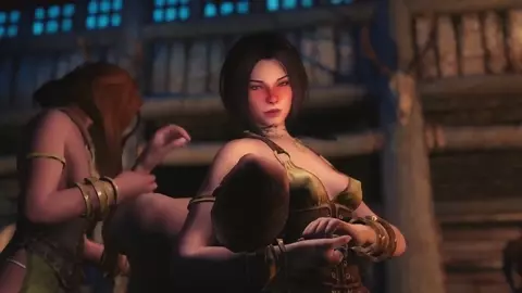 Tavern wenches convince a drunk Dragonborn that paying the bill is in his best Intere