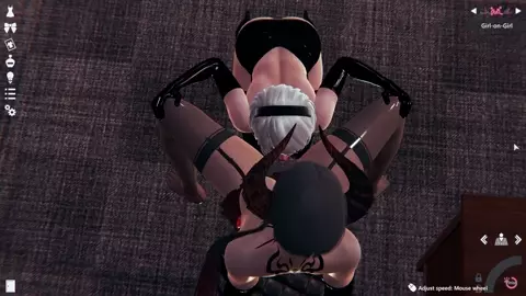 Eliza and 2b in latex licking each other