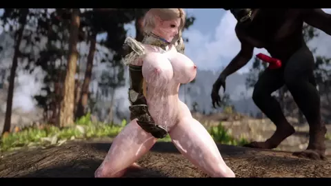 Elf slut warrior masturbates cum covered werewolf