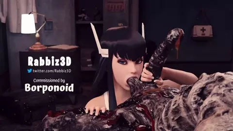 Lady Satsuki sucking nuts of a zombie monster while giving a good handjob