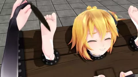 Captured girl is forced into a wooden pillory contraption and tickled 【くすぐり tickle 】