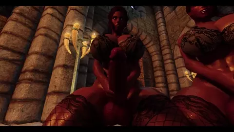 3 Dark Juicy Futanari Milfs Jerking Off and Then Filling Cat Girl with Cum