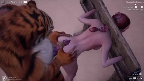Tiger dominates petite girl in pillory and fills her with cum