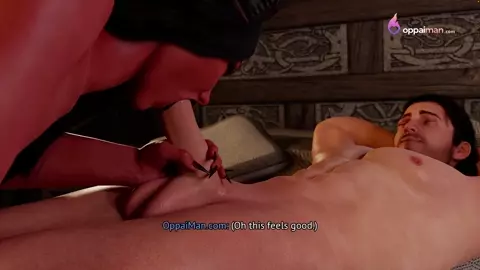 Demon with huge breasts gives blowjob to warrior.