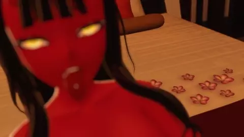 Meru fucks herself with a red dildo