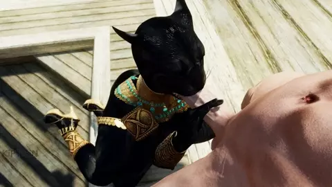 Black Khajiit cat in gold rides a dick