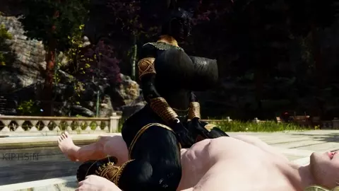 Black Khajiit cat in gold rides a dick