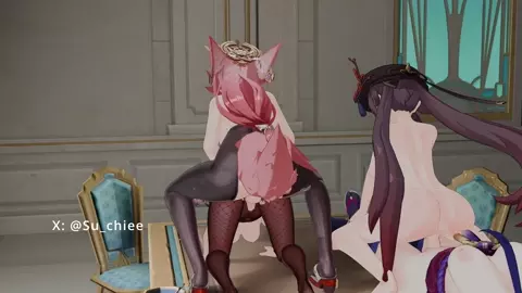 Animation genshin hutao x raiden shogun, yae miko x mona