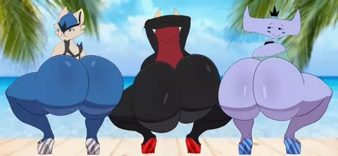 3 Big Bouncing Booties at the Beach (Bismuth by Gardesnorela, Cyntheia by Ectoperior)