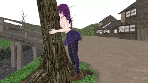 A depraved girl pulling a dildo out of her anus outside