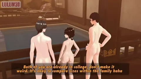 Femboy Seduces his Straight Brother in front of Dad in the Bathhouse.