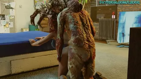 Jill Valentine captured by an altered palehead zombie in her apartment