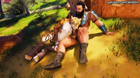 A Warrior makes passionate love to a Furry Tigress near the village