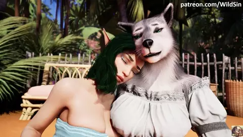 A lesbian Werewolf and an Elf kiss, caress, and cuddle.