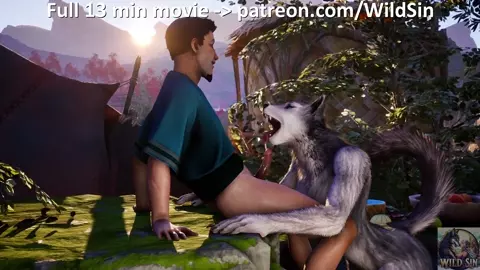 Werewolf Girl sensually fucks with Man at sunset in a pond