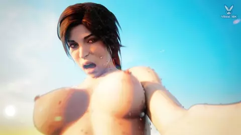 Lara Croft all wet doing cowgirl on the beach with bouncing tits