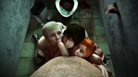 Cassie sucks cock and swaps cum with her friends at the club bathroom [SpankySfm]